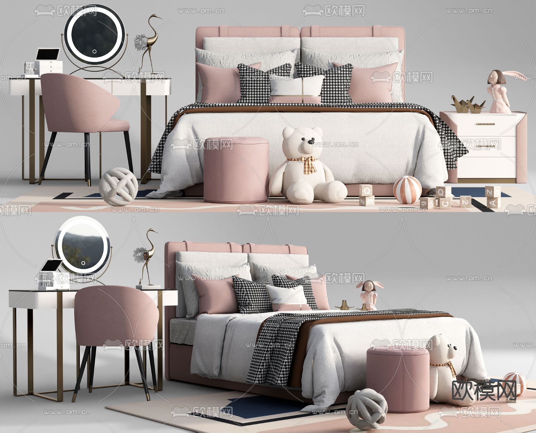 现代儿童床梳妆台su模型下载（渲染图1）