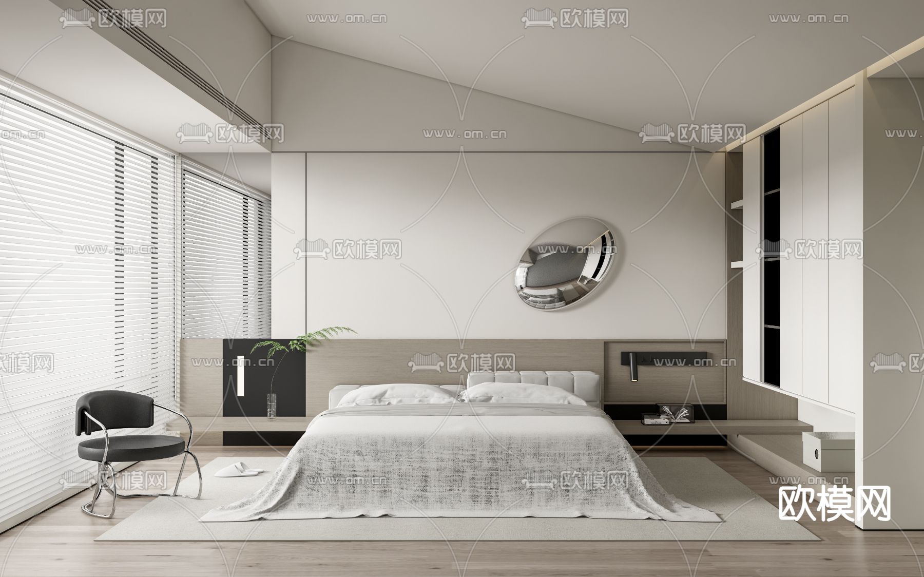 现代奶油白极简卧室主人房su模型