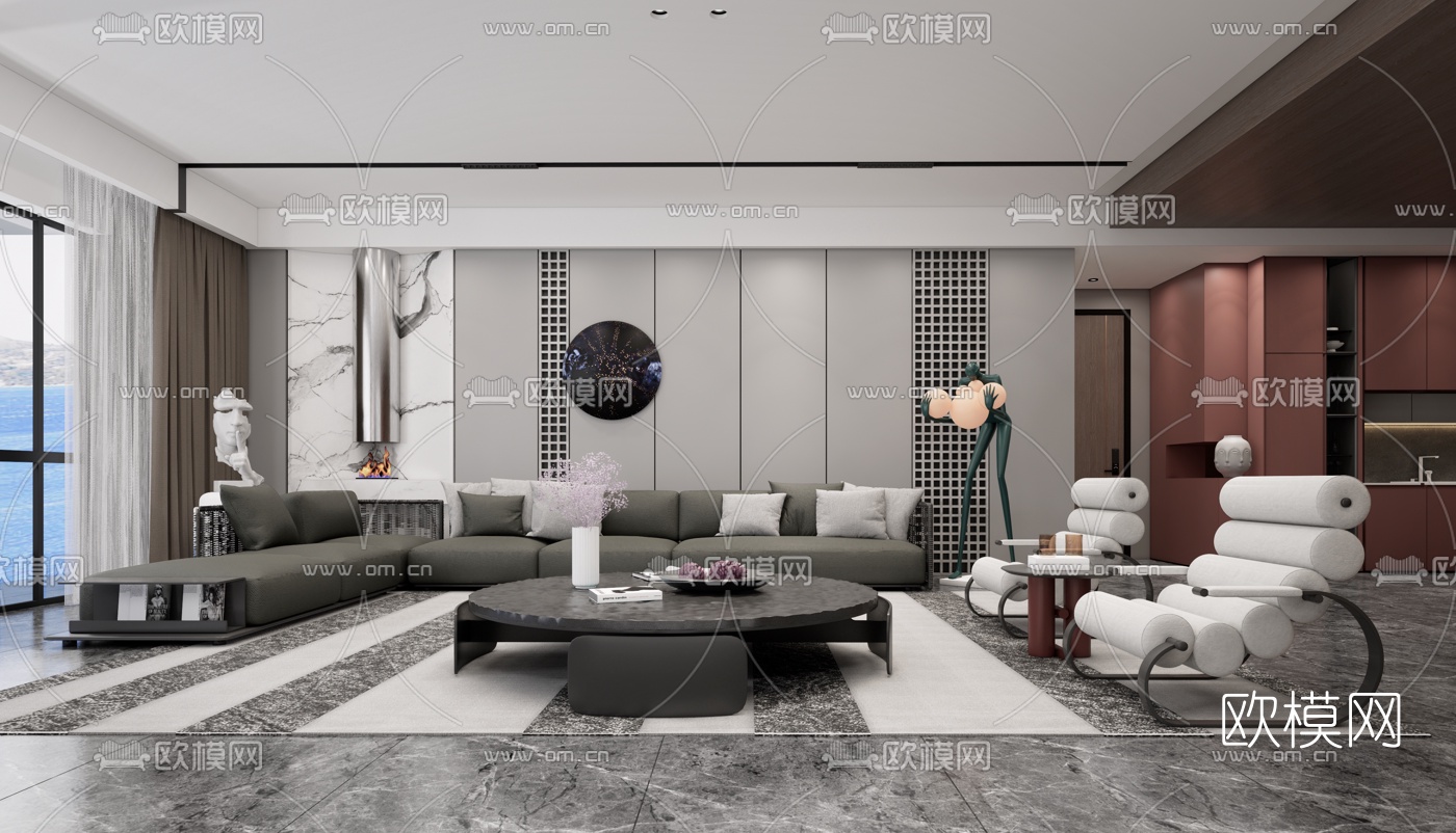 现代布艺转角沙发组合su模型