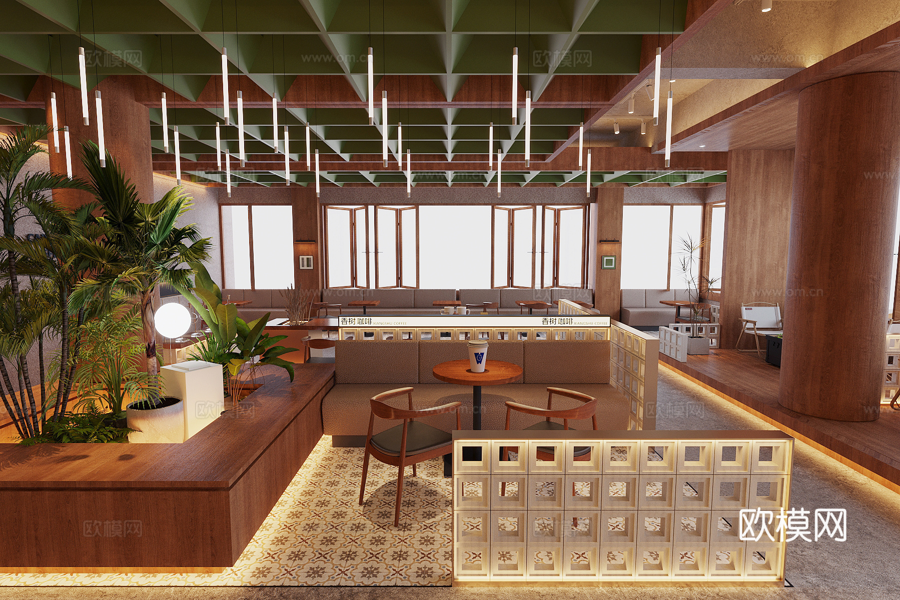 原木风咖啡厅 原木风茶餐厅 茶室 原木风奶茶店 咖啡厅卡座区su模型下载（渲染图1）