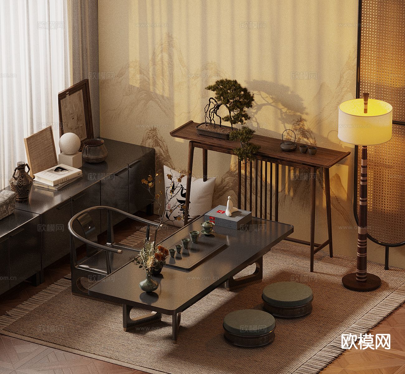 新中式榻榻米茶桌 茶台3d模型下载