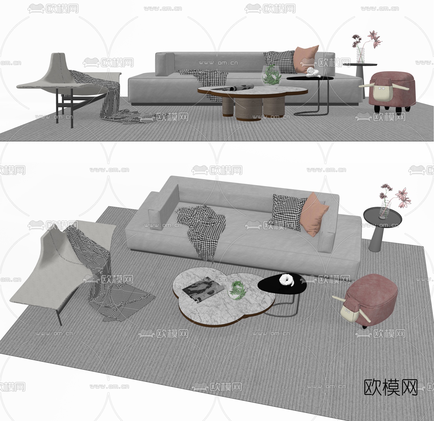 现代布艺沙发组合su模型