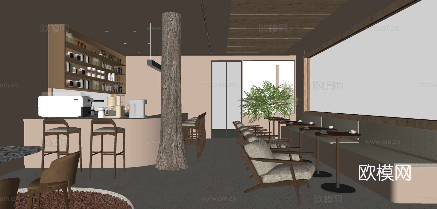 原木风咖啡厅su模型下载（渲染图1）