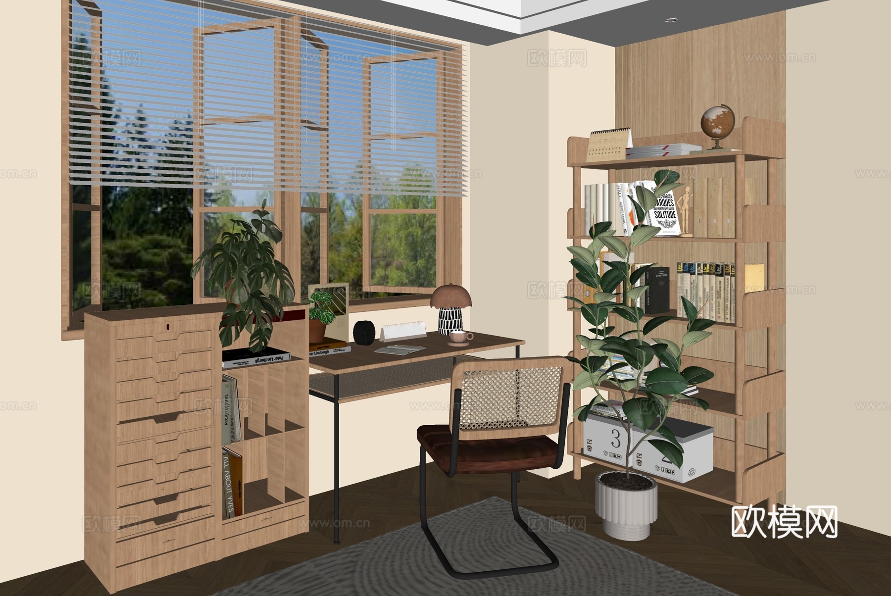 中古风书房 复古风书房 中古风书桌椅 书柜 书桌摆件组合su模型