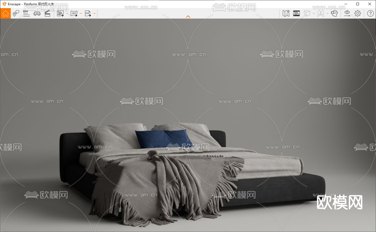 Flexform 现代灰色双人床su模型下载（渲染图3）