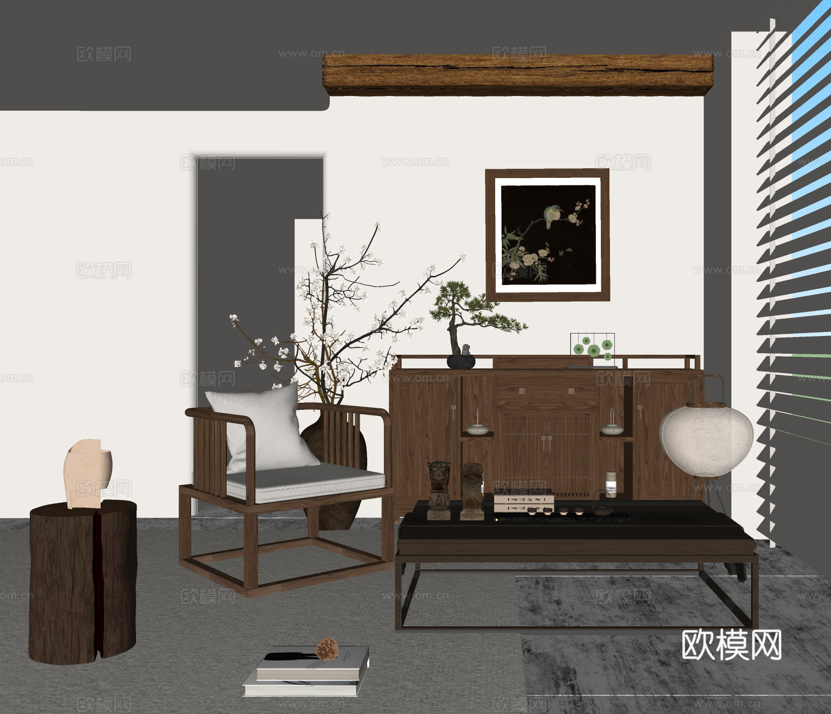 新中式斗柜 休闲椅 干花盆栽 实木茶几 边几角几su模型下载（渲染图2）