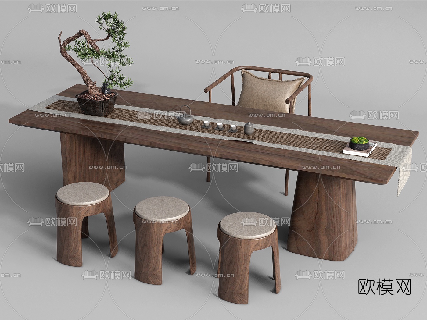 新中式茶桌椅su模型