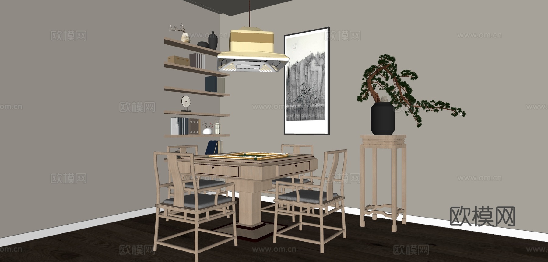 新中式棋牌室 麻将桌椅su模型下载（渲染图1）