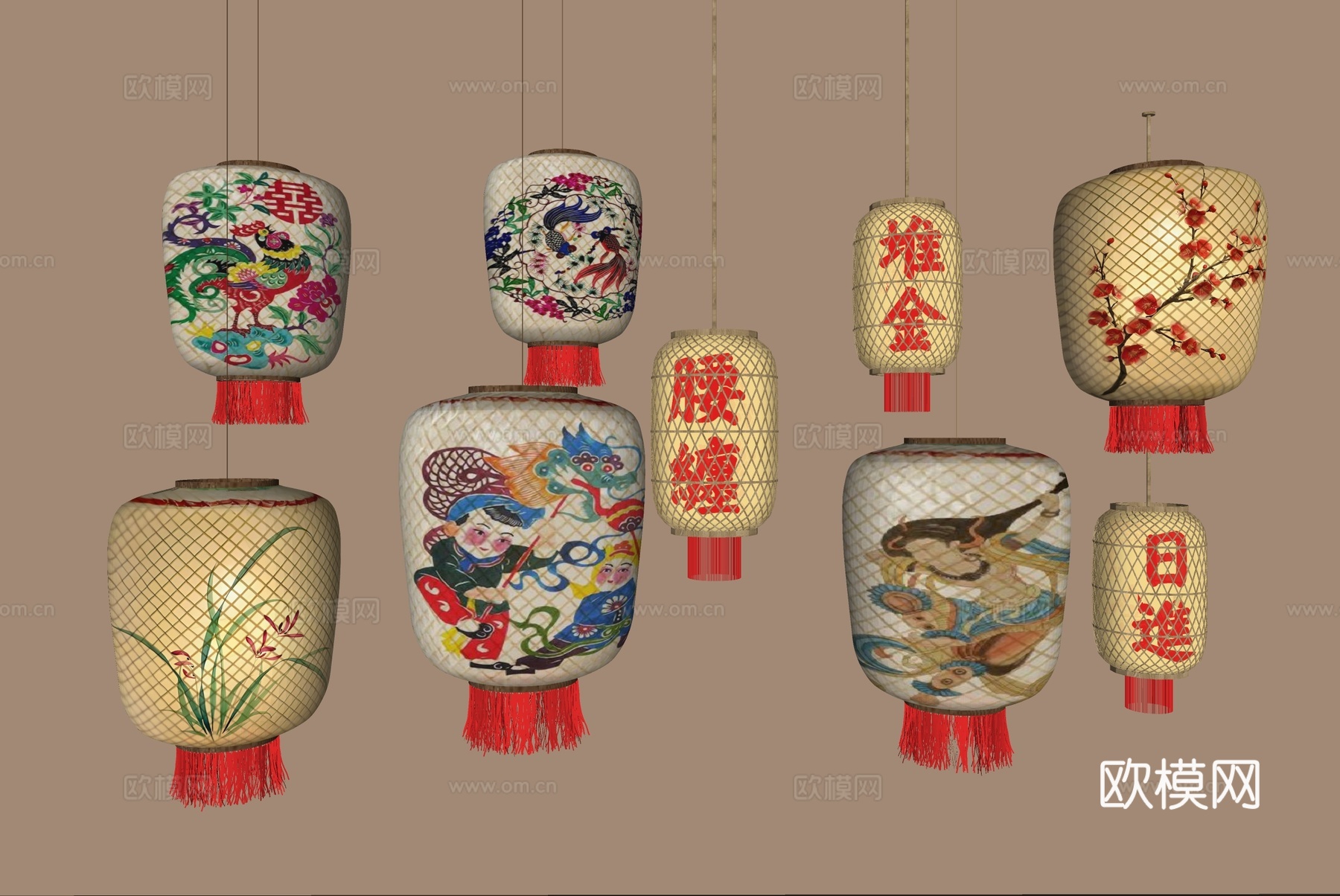 新中式装饰灯 油纸灯笼su模型下载（渲染图1）