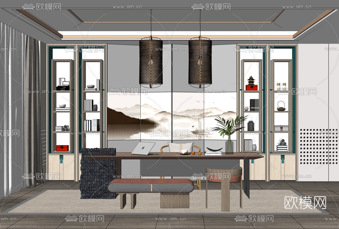 新中式书房su模型下载（渲染图2）