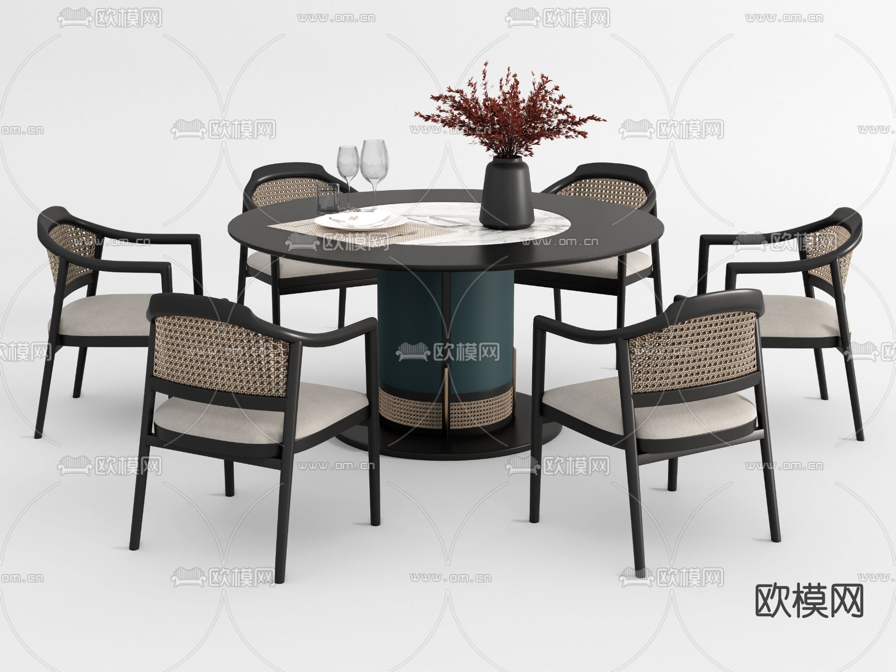 新中式圆形餐桌椅su模型
