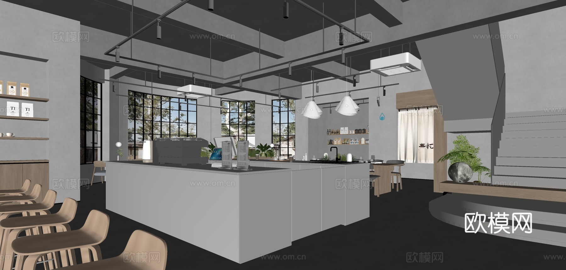 工业风咖啡厅 咖啡店操作台 奶茶店工作台 餐厅水吧台 咖啡桌su模型