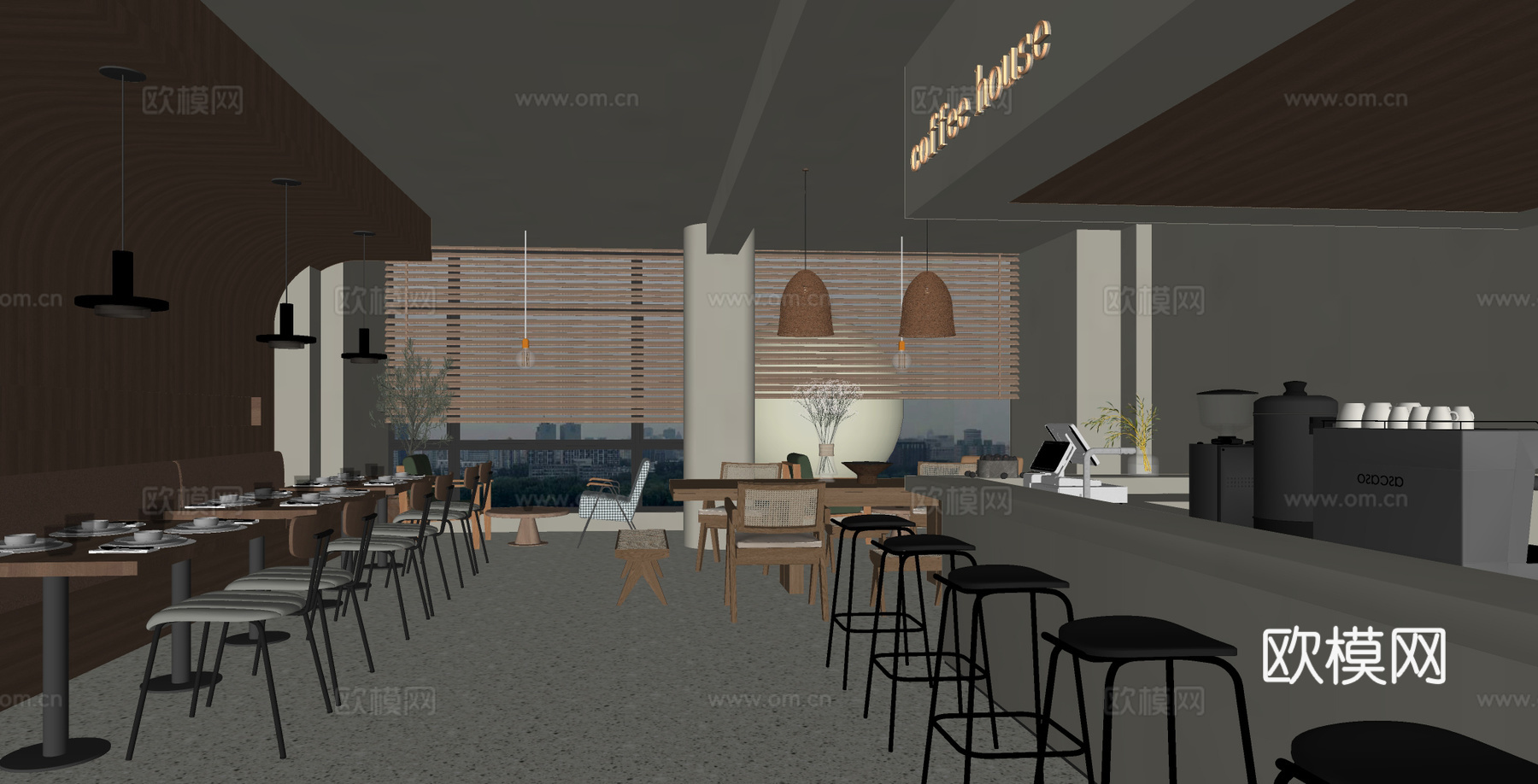 工业风咖啡厅 奶茶店 西餐厅 茶室 咖啡桌椅 水吧台 餐厅工su模型下载（渲染图2）