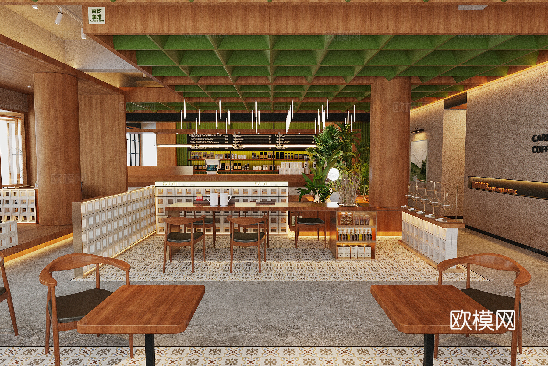 原木风咖啡厅su模型下载（渲染图2）