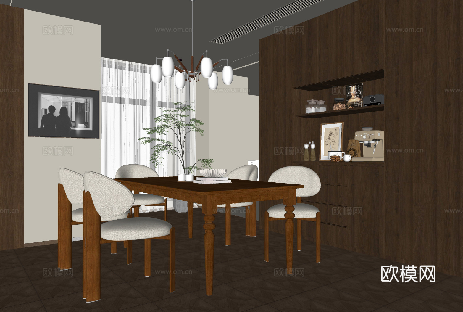 中古风家居餐厅 开放式餐厅 中古风餐桌椅组合 餐边柜 装饰柜su模型