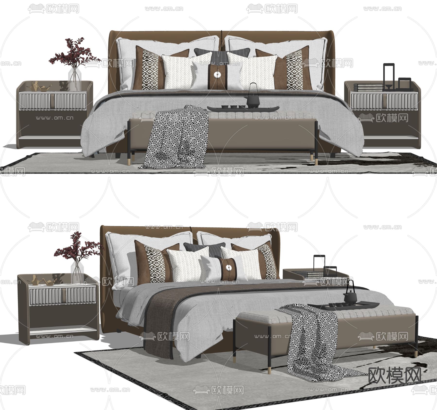 新中式皮革双人床su模型下载（渲染图2）