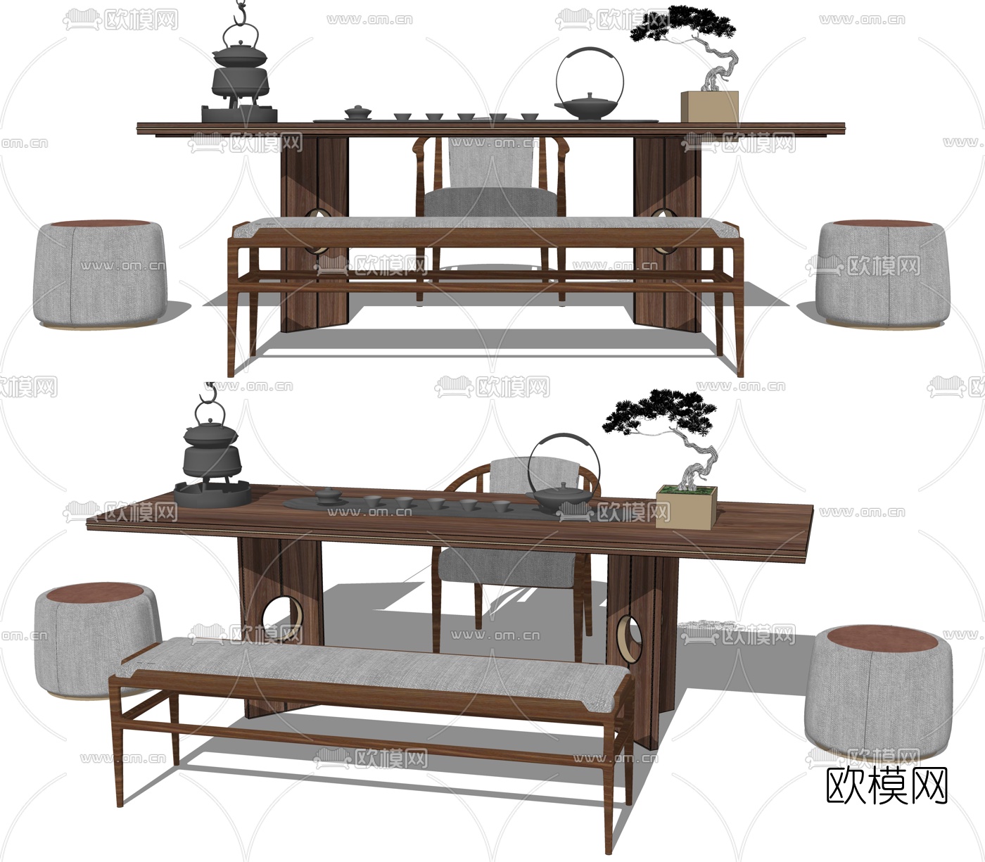 新中式实木茶桌椅su模型下载（渲染图2）