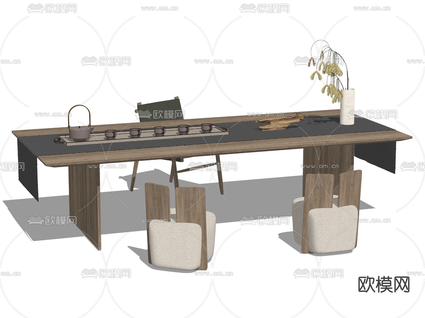 新中式实木茶桌椅su模型