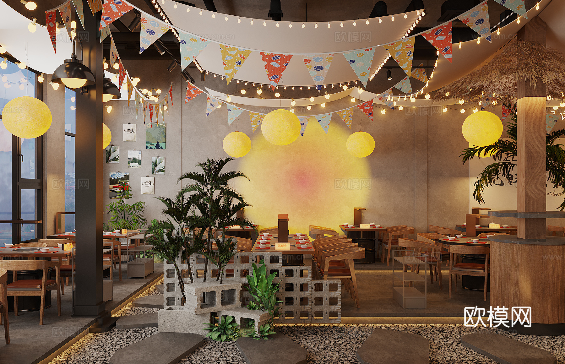 工业风火锅店 烧烤烤肉店 露营风茶餐厅 火锅店桌椅  餐桌椅su模型下载（渲染图1）