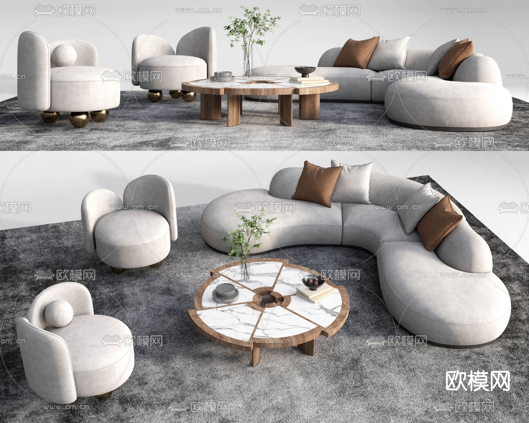 北欧布艺沙发组合su模型下载（渲染图1）