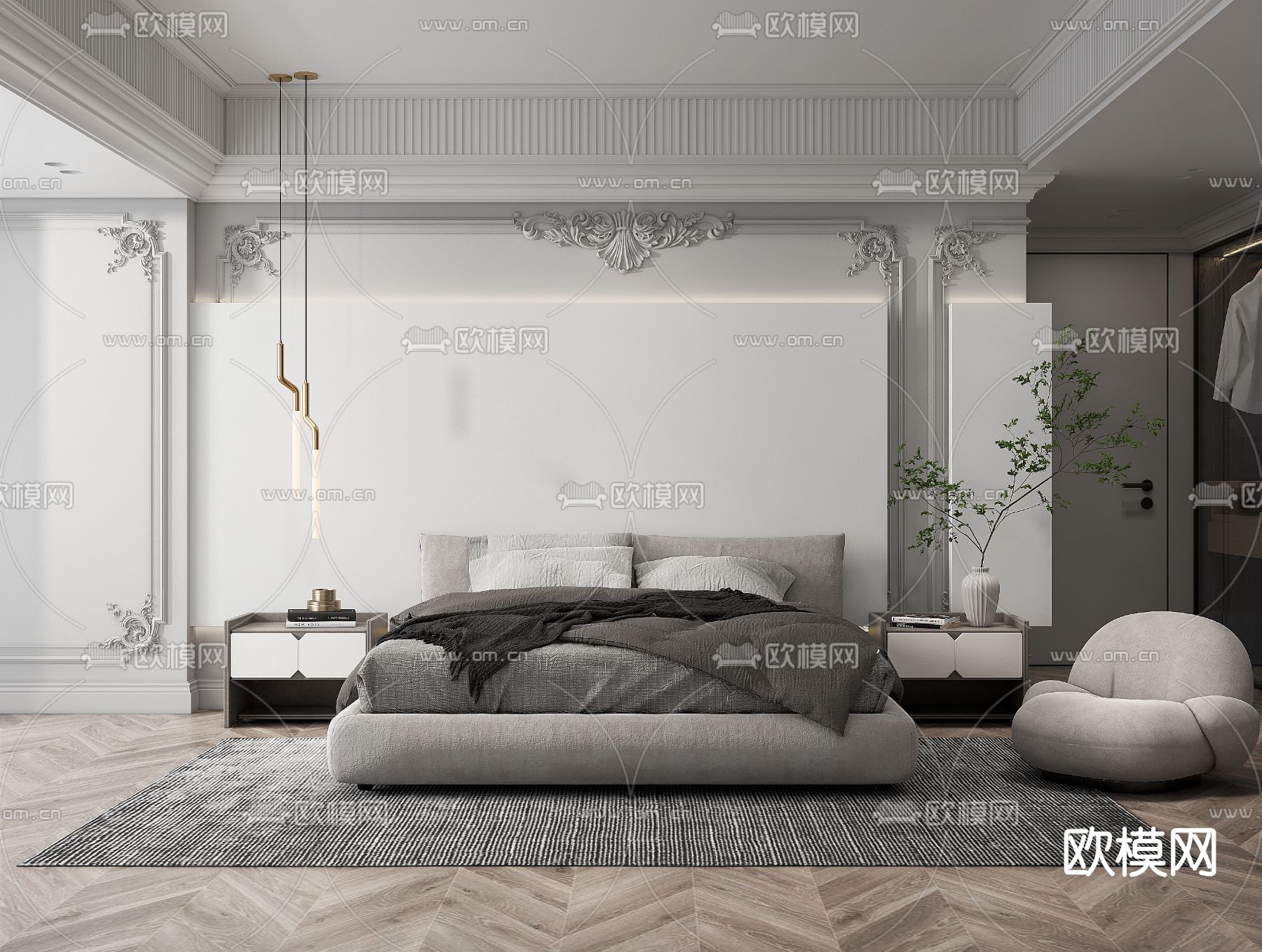 简欧卧室su模型下载（渲染图1）