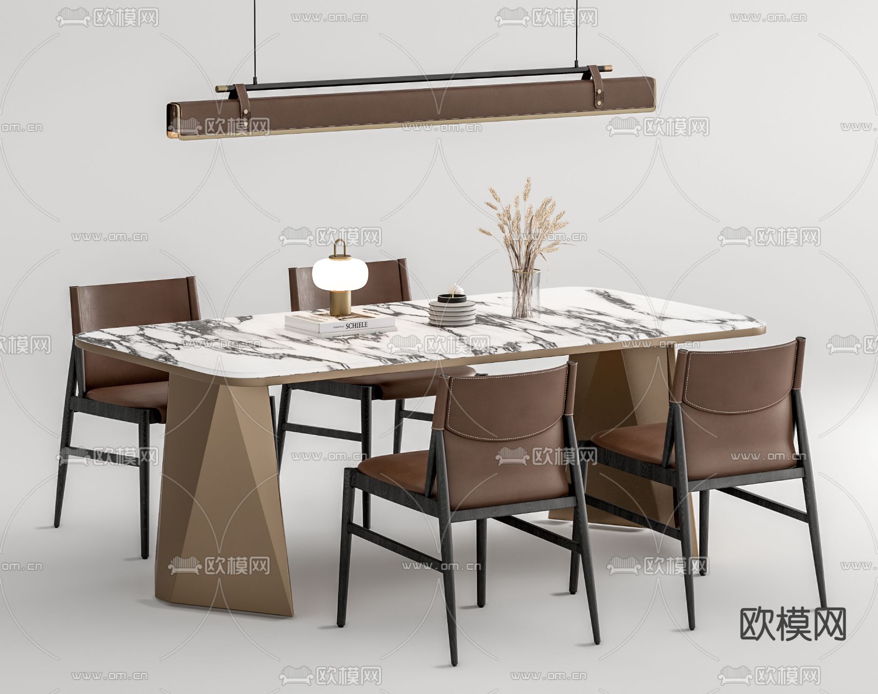 Cassina 大理石条形餐桌椅su模型下载（渲染图1）