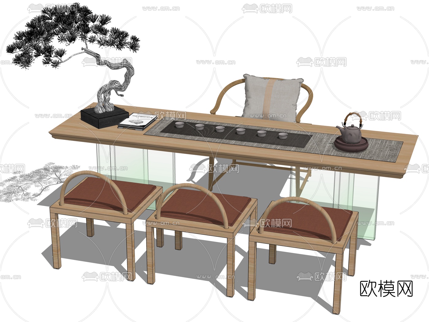 新中式实木茶桌椅su模型