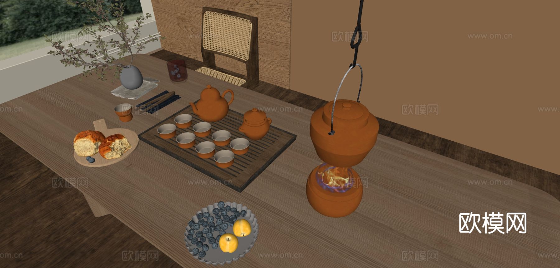 新中式茶具 功夫泡茶壶 潮汕功夫茶盘su模型下载（渲染图1）