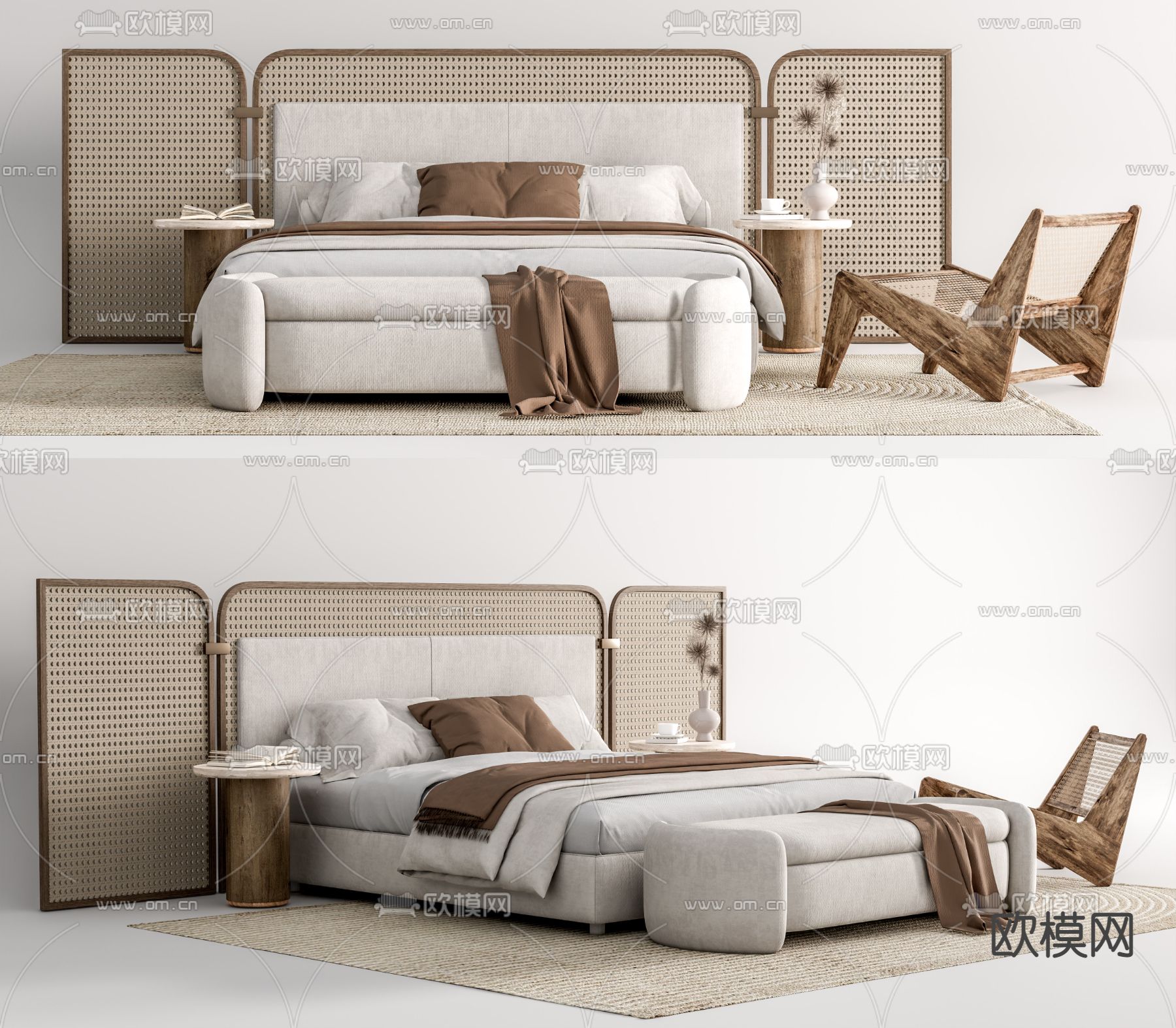 侘寂藤编双人床su模型下载（渲染图1）