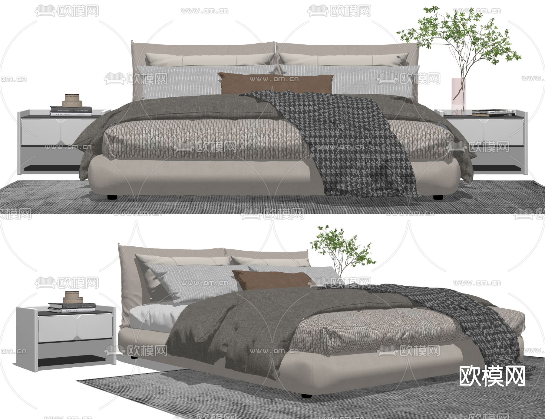 现代布艺双人床su模型下载_ID15726591_sketchup模型下载-欧模网