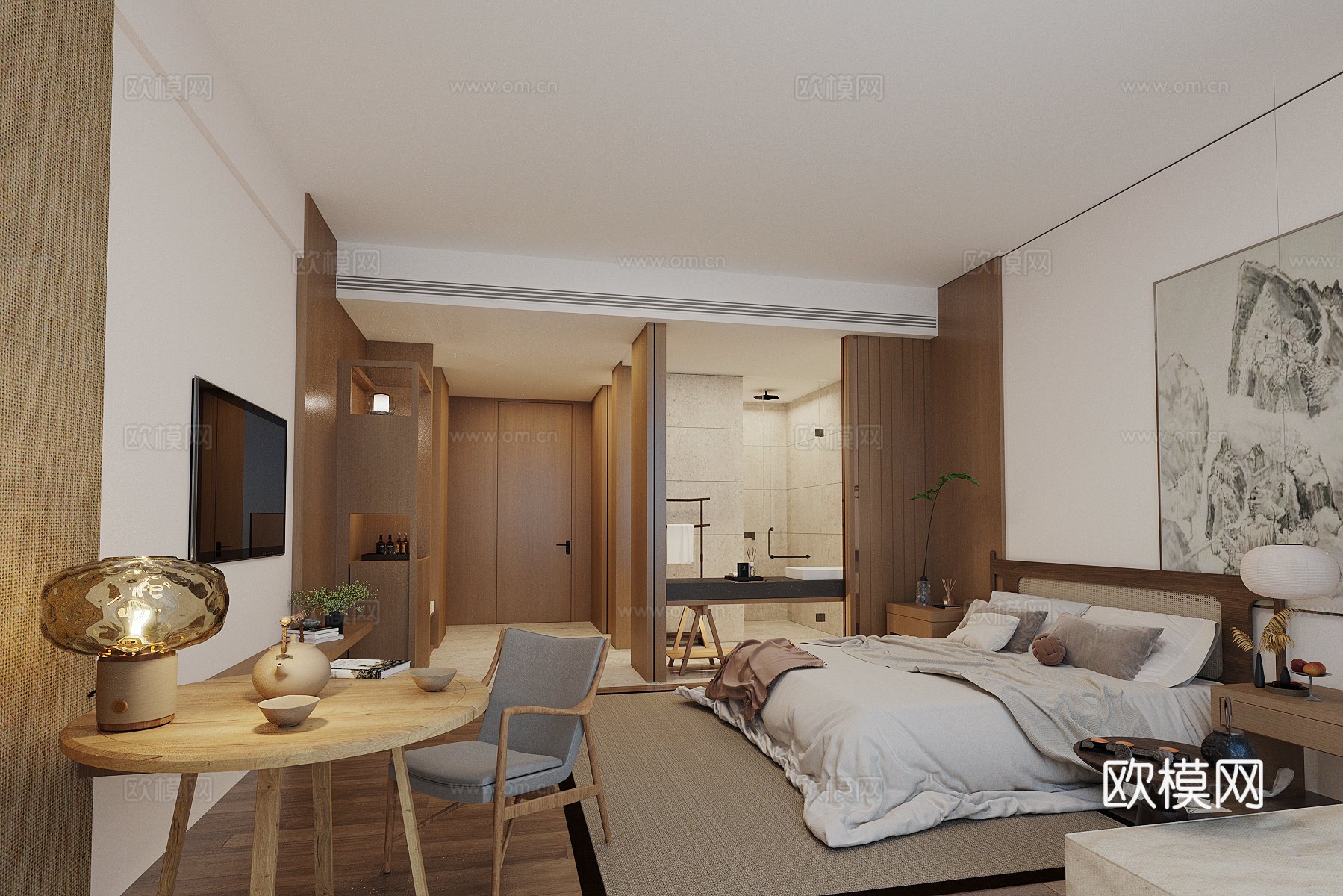原木风酒店客房su模型下载（渲染图2）