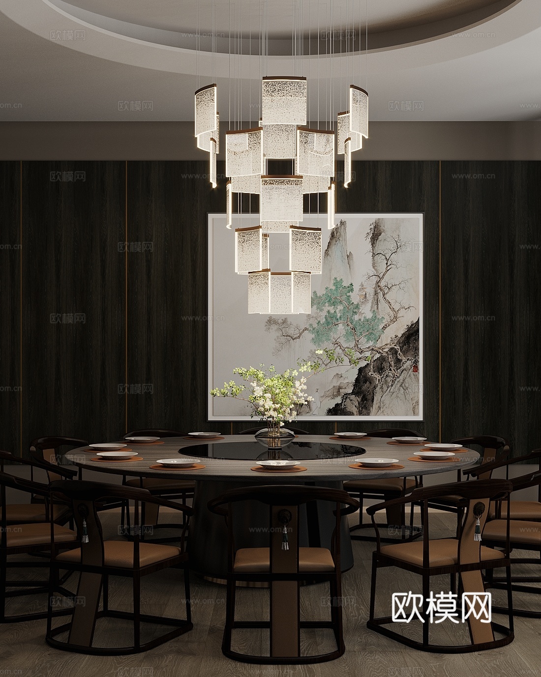 新中式包厢 餐厅包厢 餐桌椅组合 吊灯 装饰画su模型