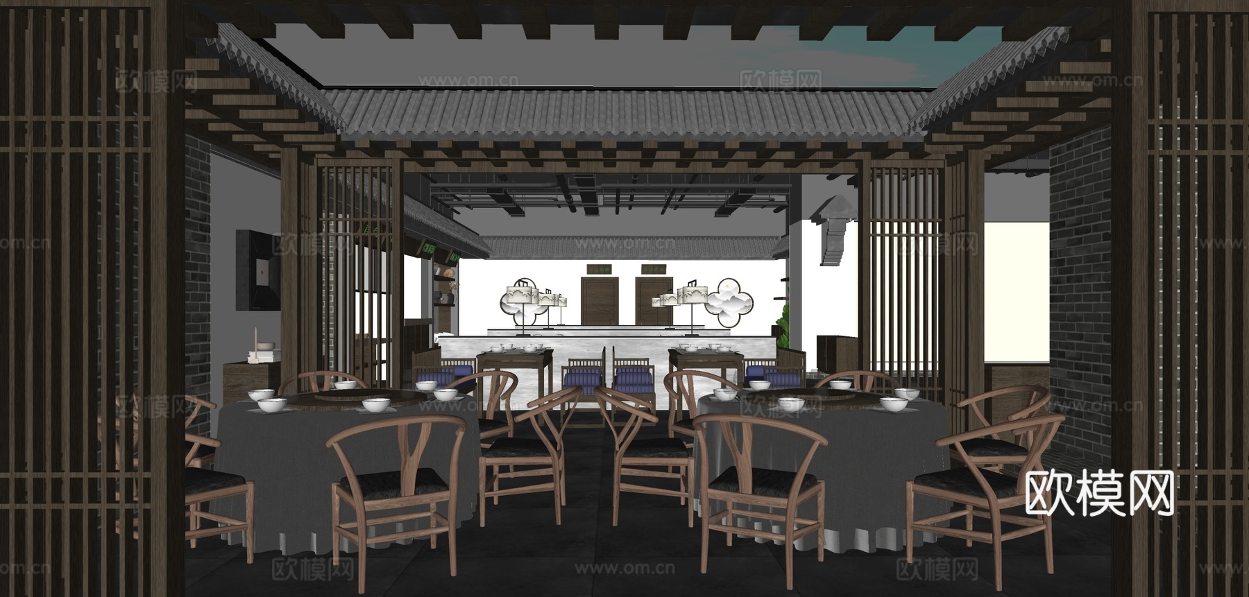 新中式中餐厅su模型下载（渲染图1）