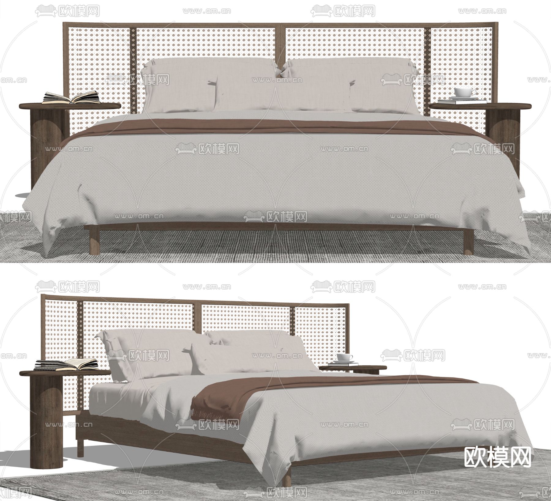 新中式藤编双人床su模型下载（渲染图2）