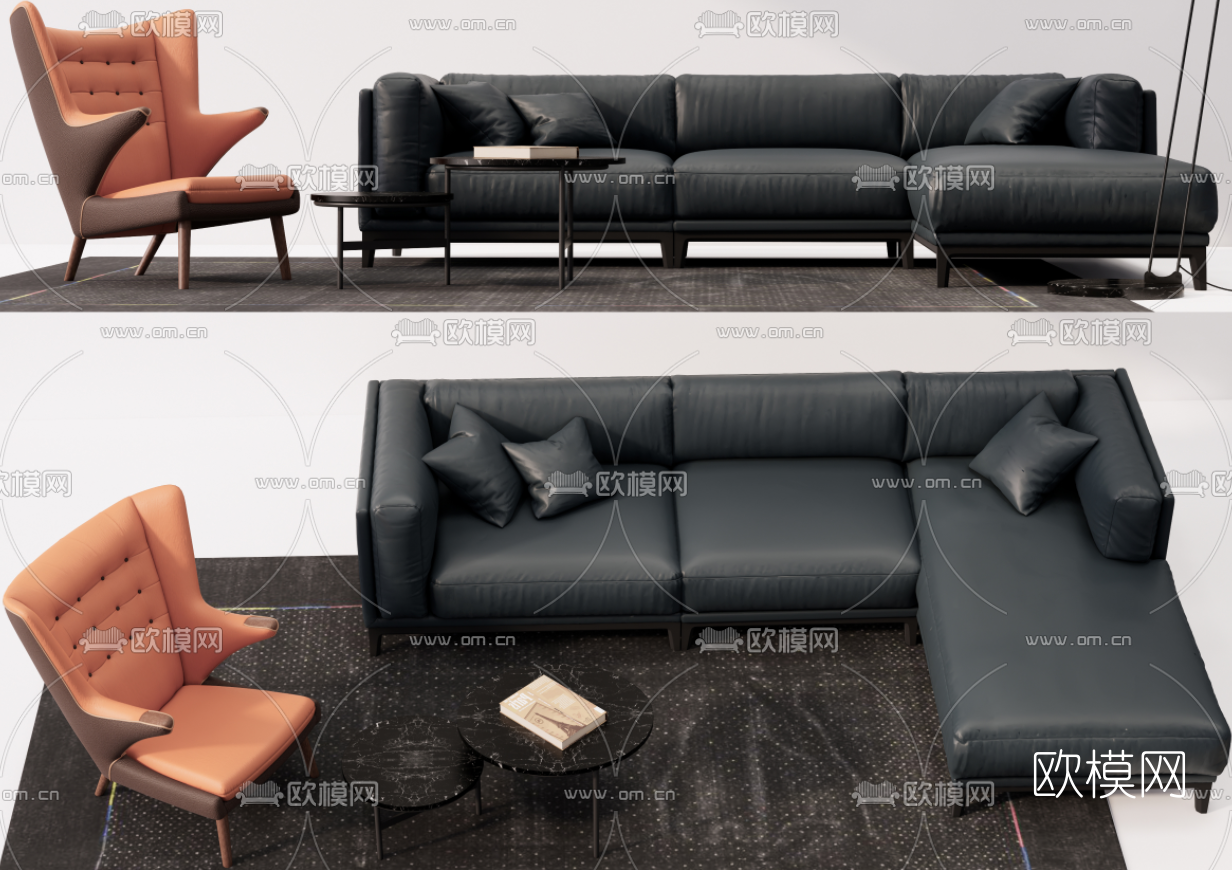 现代皮革转角沙发su模型
