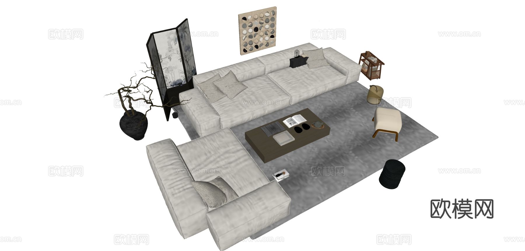 中古风组合沙发su模型下载（渲染图1）