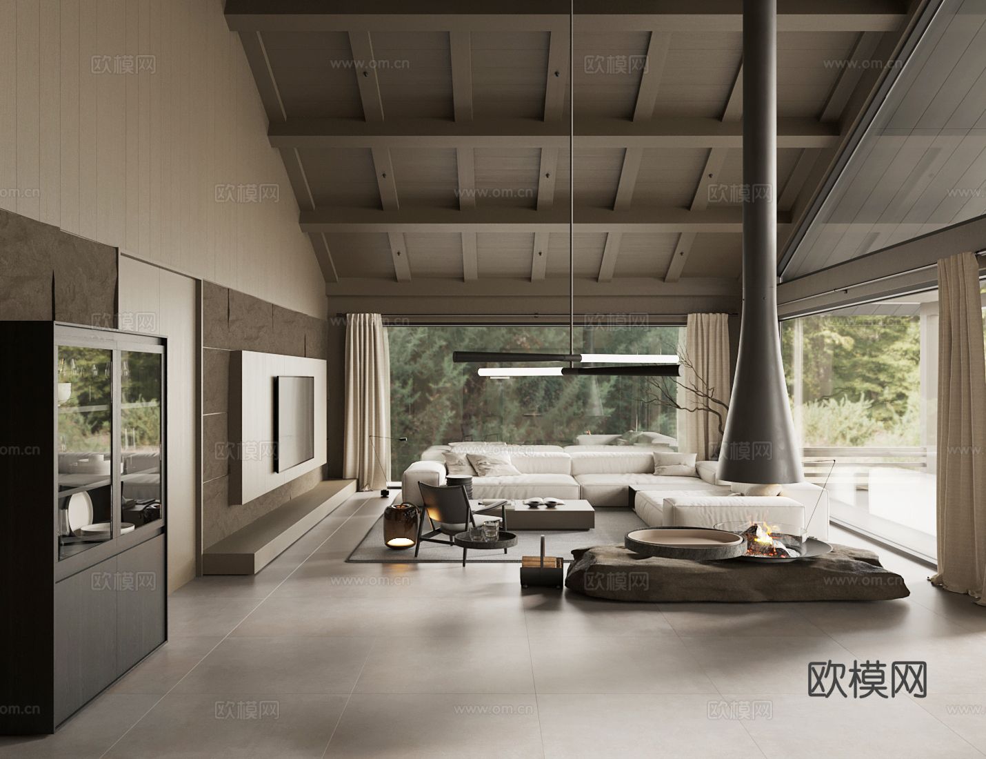 中古风别墅客厅 挑空客厅su模型下载（渲染图2）