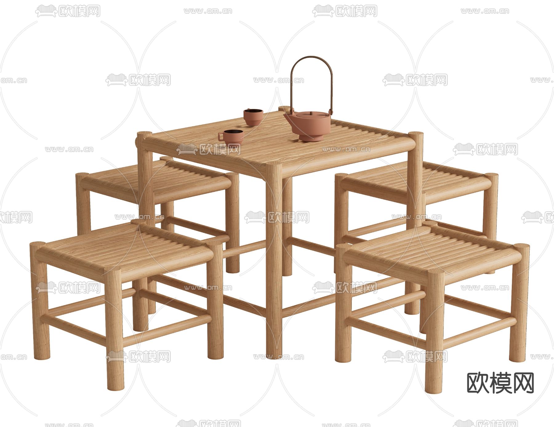 新中式实木茶桌椅su模型