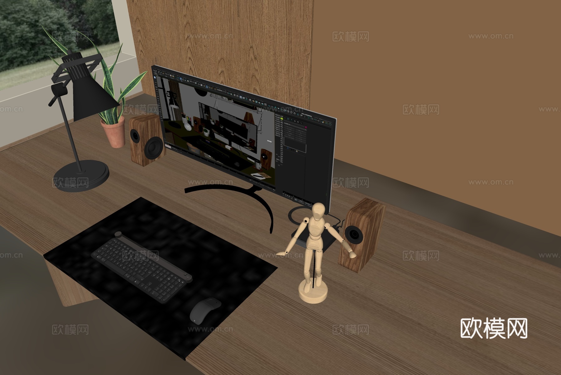 台式电脑 书房电脑 显示器 键盘 鼠标 咖啡 花瓶 台灯su模型下载（渲染图2）