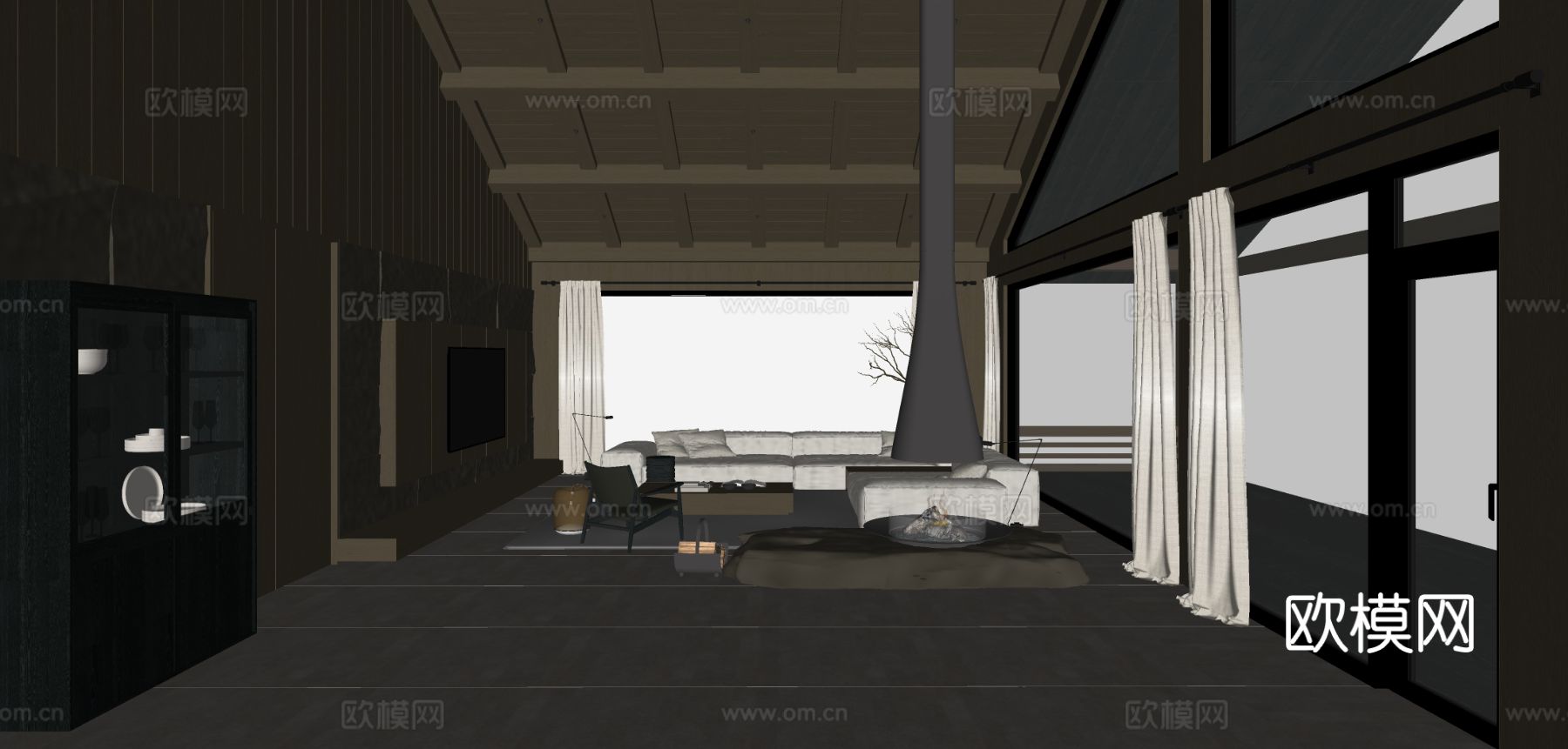 中古风别墅客厅 挑空客厅su模型下载（渲染图1）