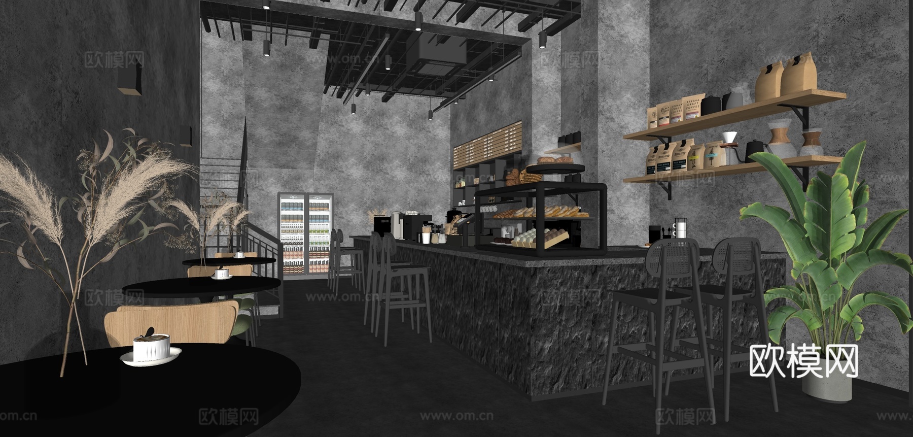 工业风咖啡厅 工业风奶茶店 咖啡桌椅 奶茶店桌椅 咖啡店中心su模型