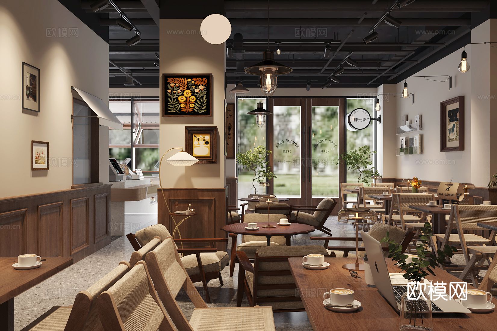 美式咖啡店 原木风咖啡厅su模型下载（渲染图3）