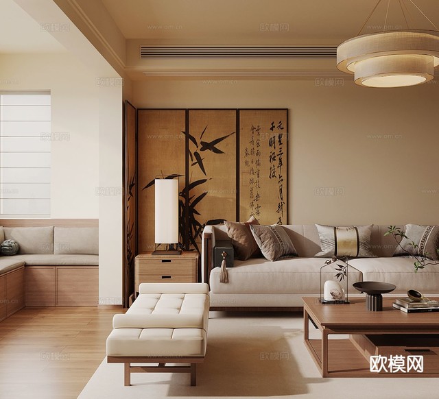 中式客厅 宋式美学客厅3d模型下载(渲染图3)