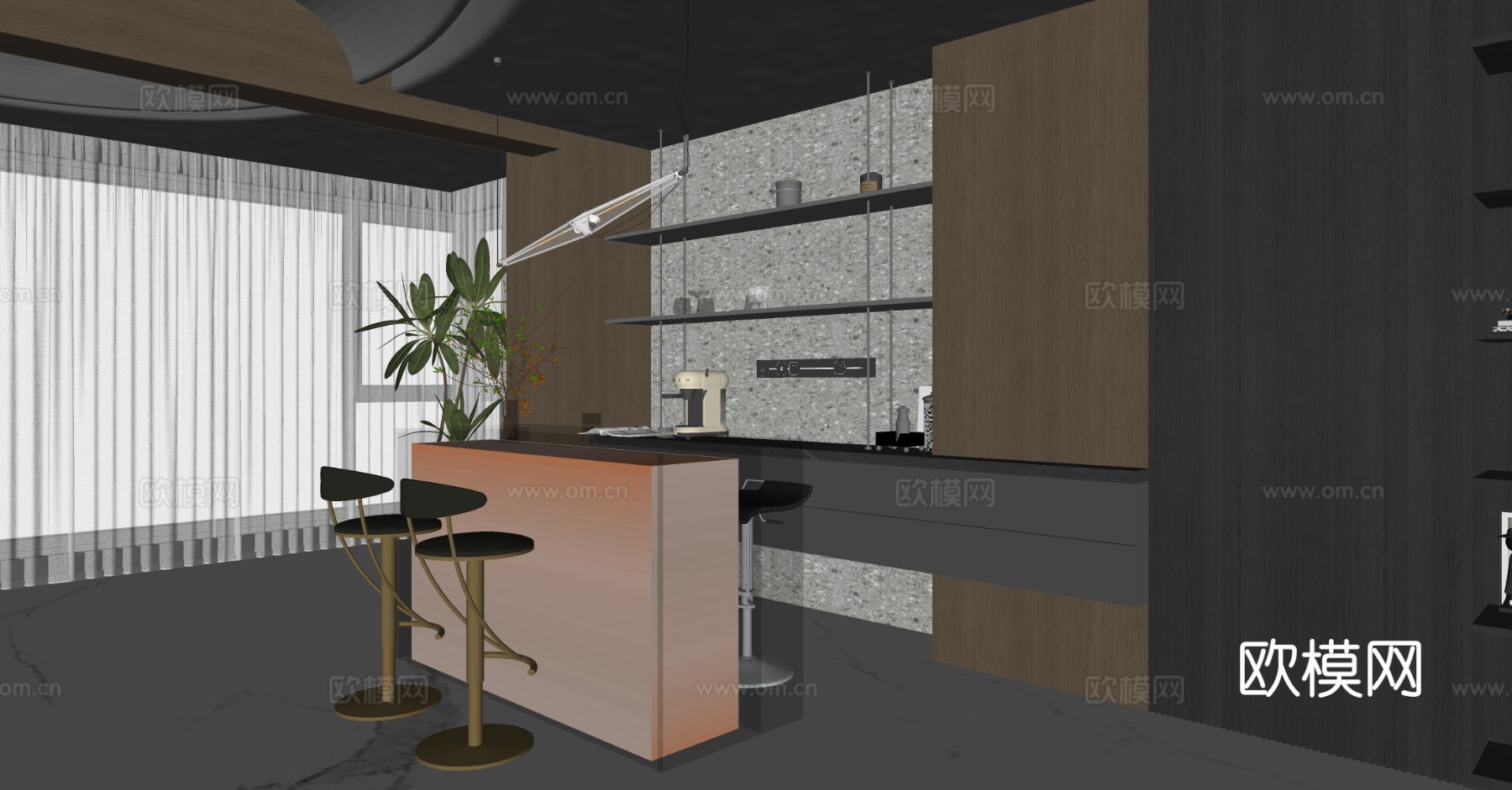 意式吧台餐厅su模型下载（渲染图1）
