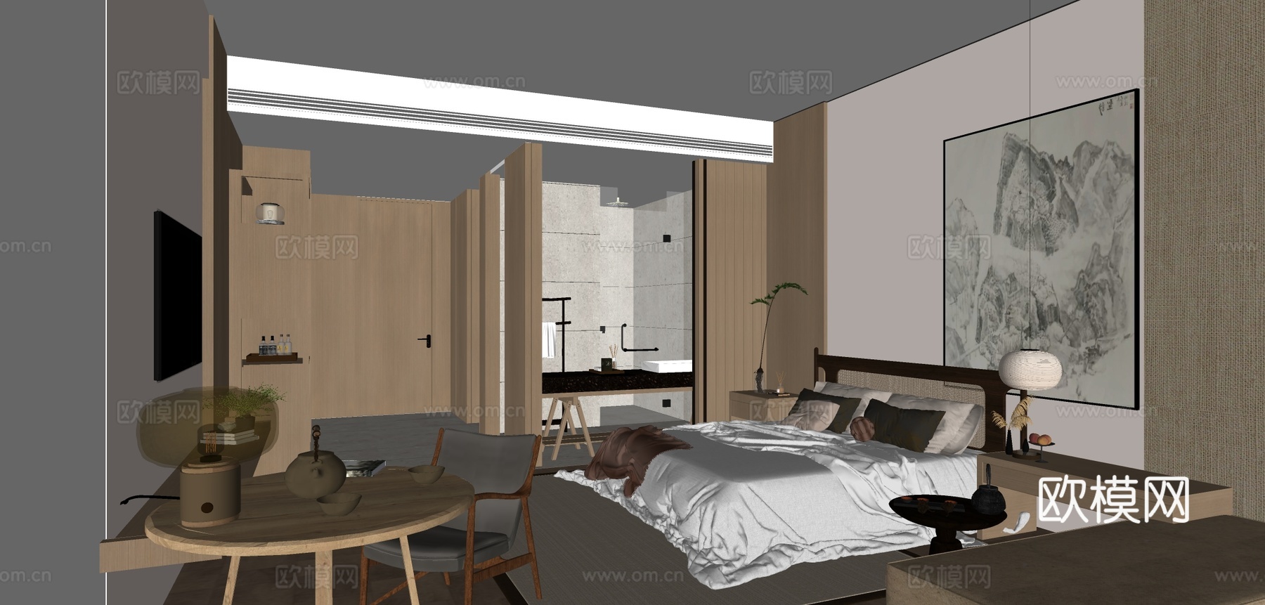 原木风酒店客房su模型下载（渲染图1）