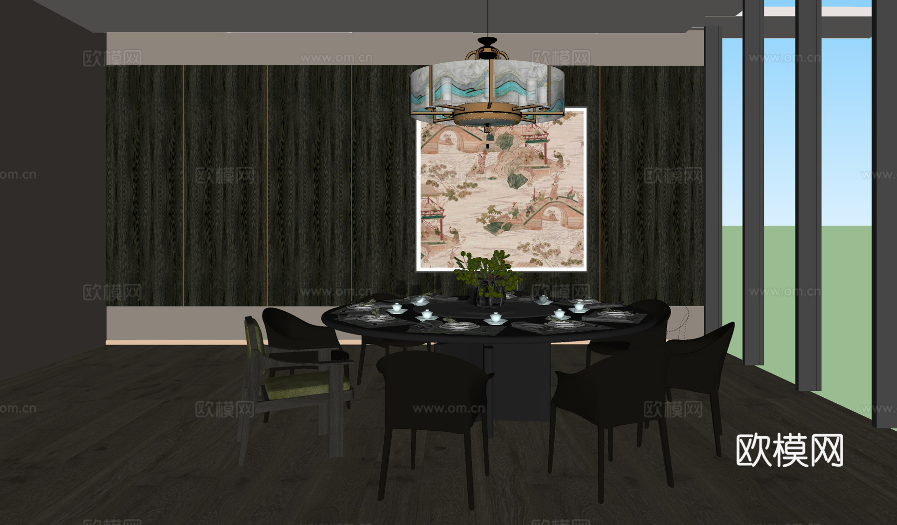 新中式餐厅包厢su模型下载（渲染图1）