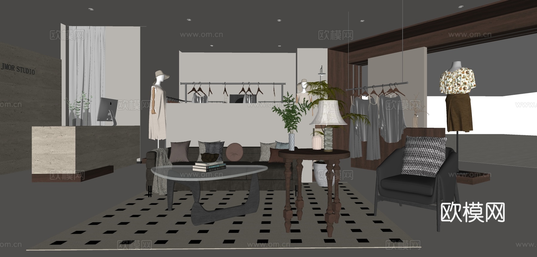 中古风服装店 服装店休息等候区su模型下载（渲染图1）