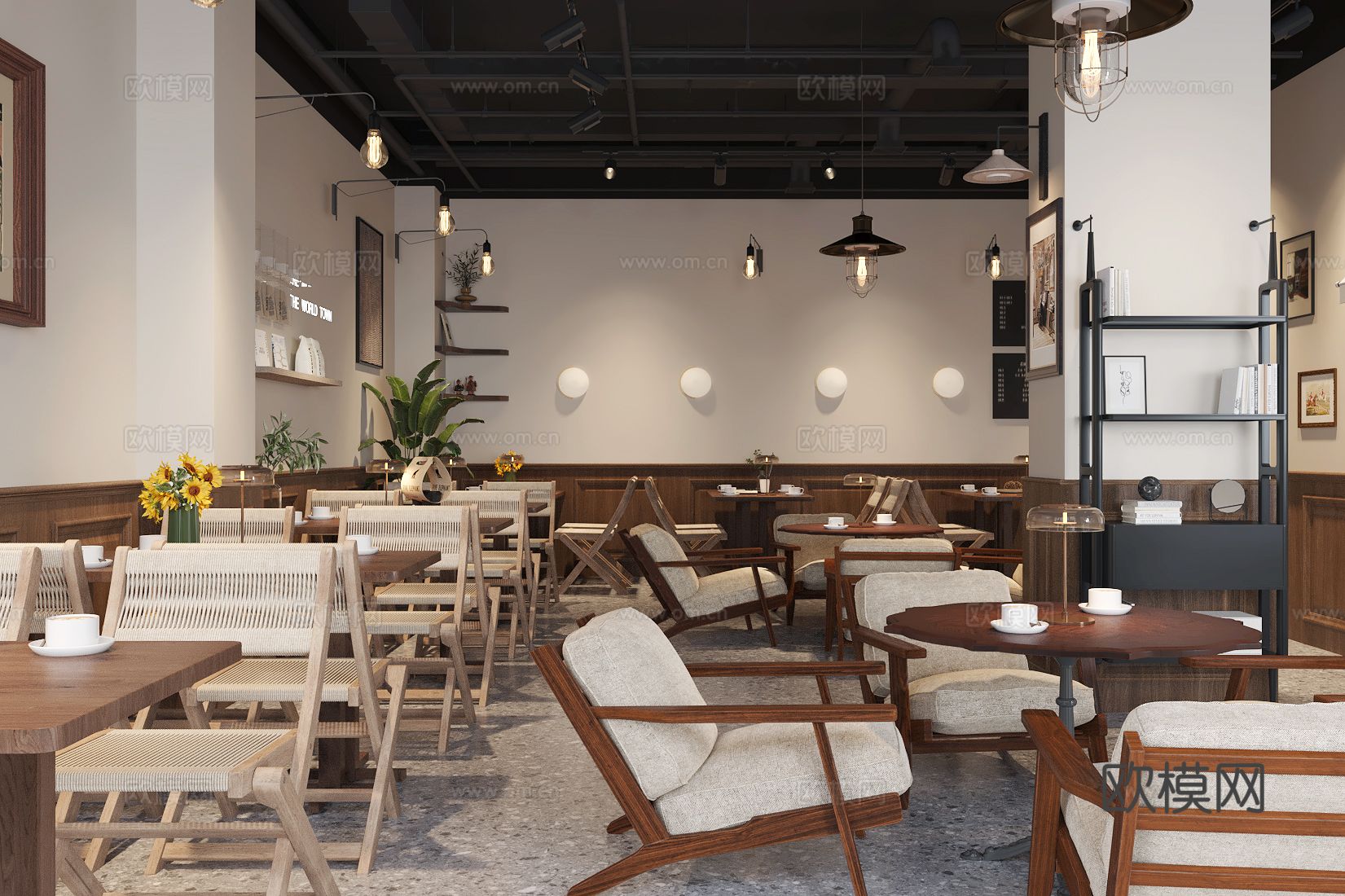美式咖啡店 原木风咖啡厅su模型下载（渲染图2）