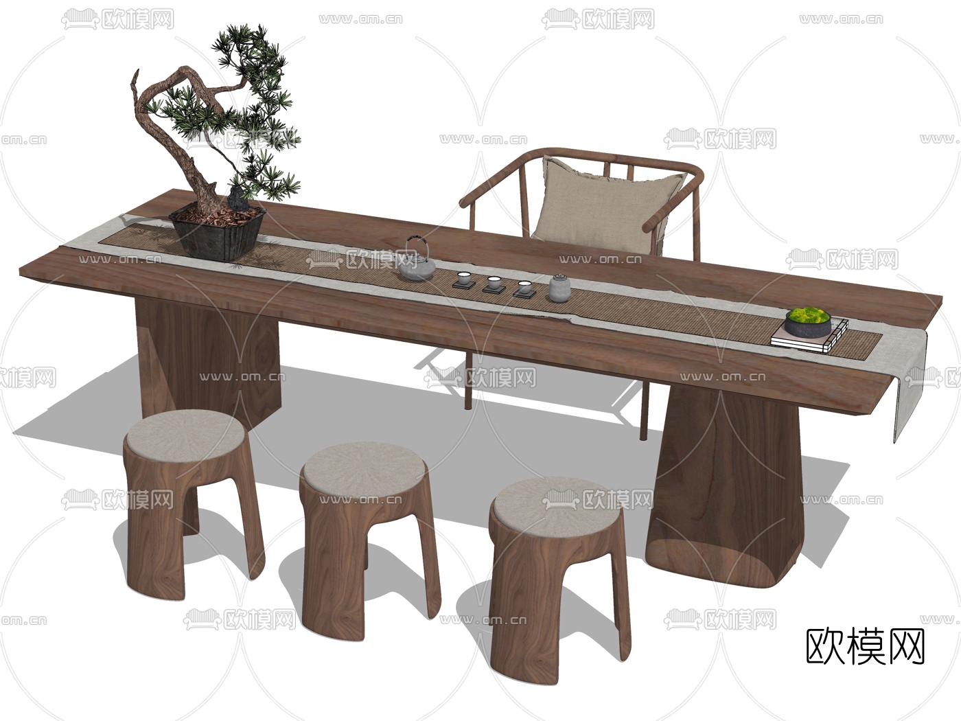 新中式茶桌椅su模型