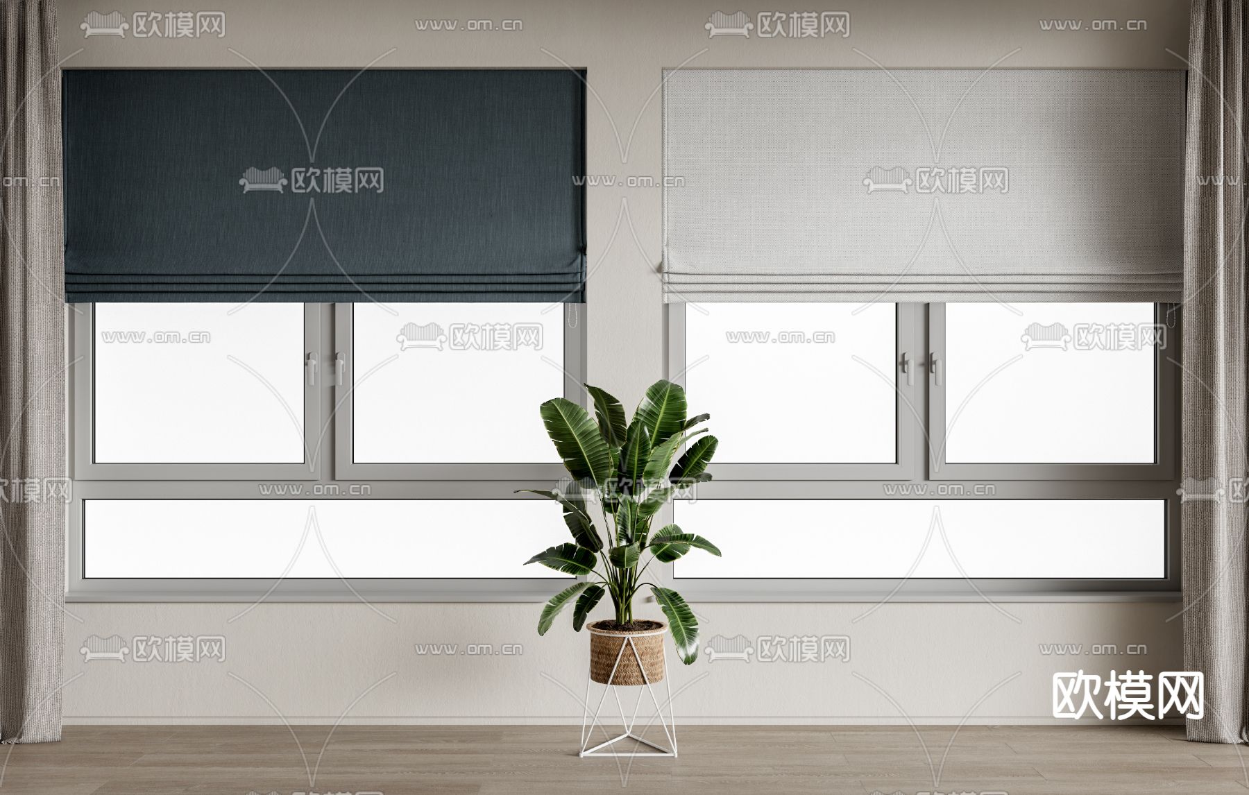 现代布艺窗帘卷帘su模型